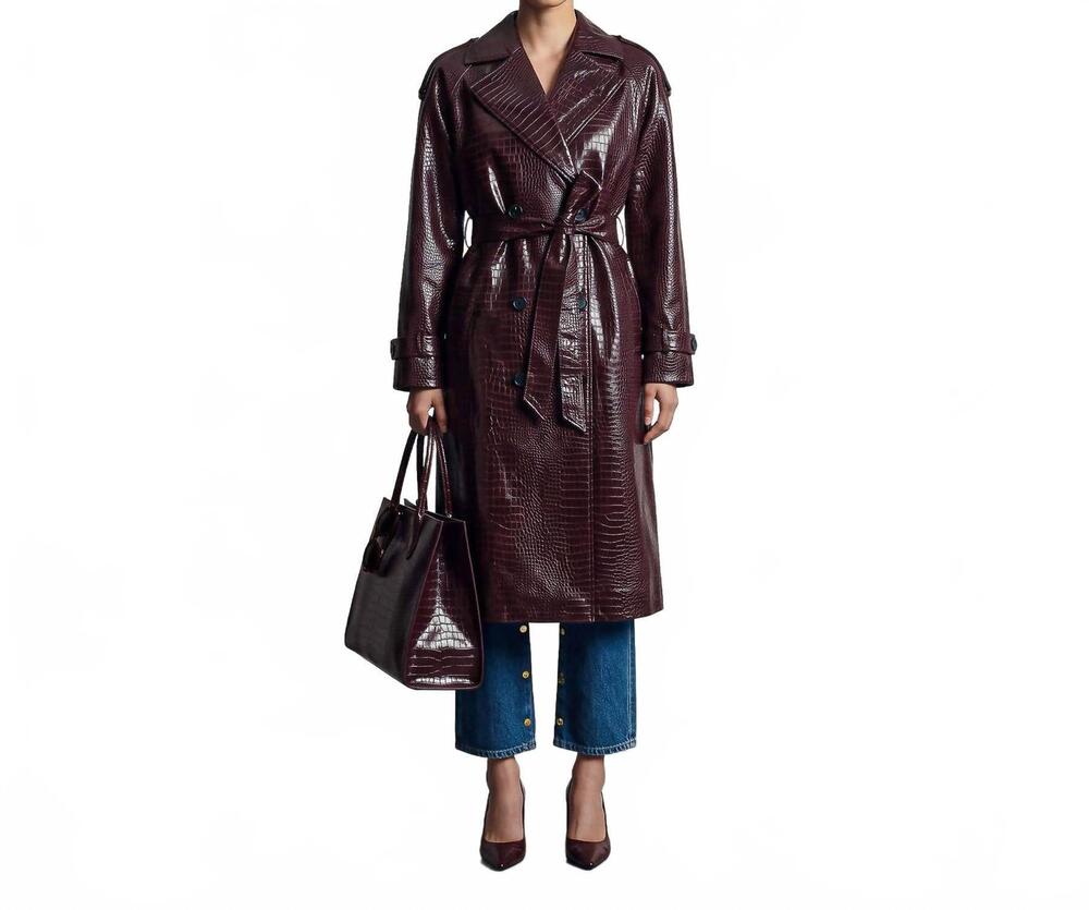 NEW AVEC LES FILLES croc-embossed maxi trench coat in dark red